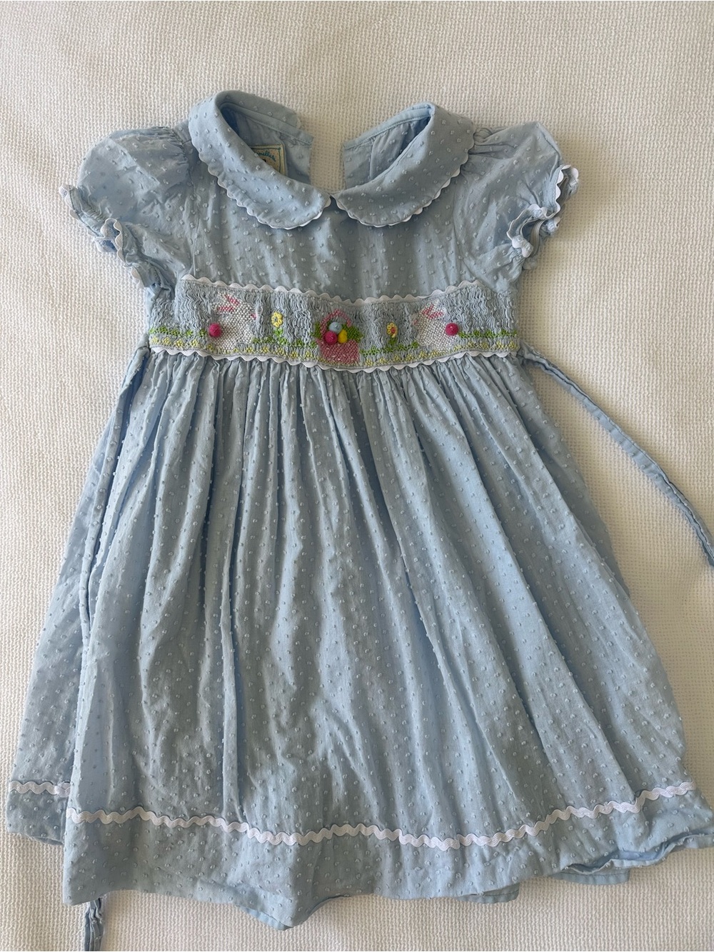 Marmellata Light Blue Smocked Swiss Dot Easter Dress with Embroidered Flowers